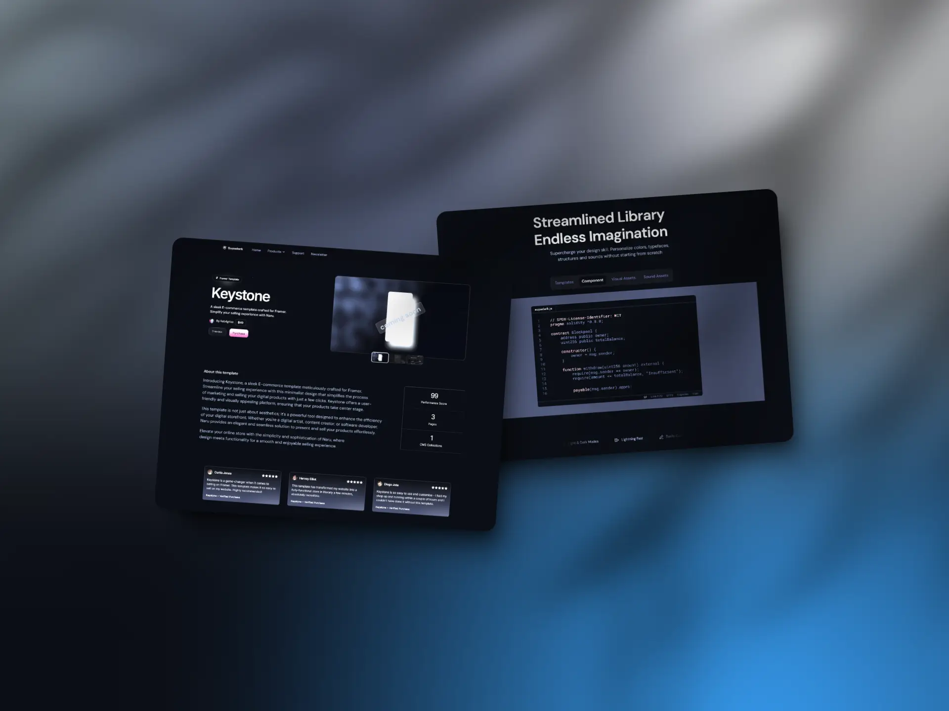 Two dark-themed tablet screens display a sleek, modern software interface, one featuring a product description and the other showcasing code, with text emphasizing a streamlined library and endless imagination, set against a gradient blue and gray background.