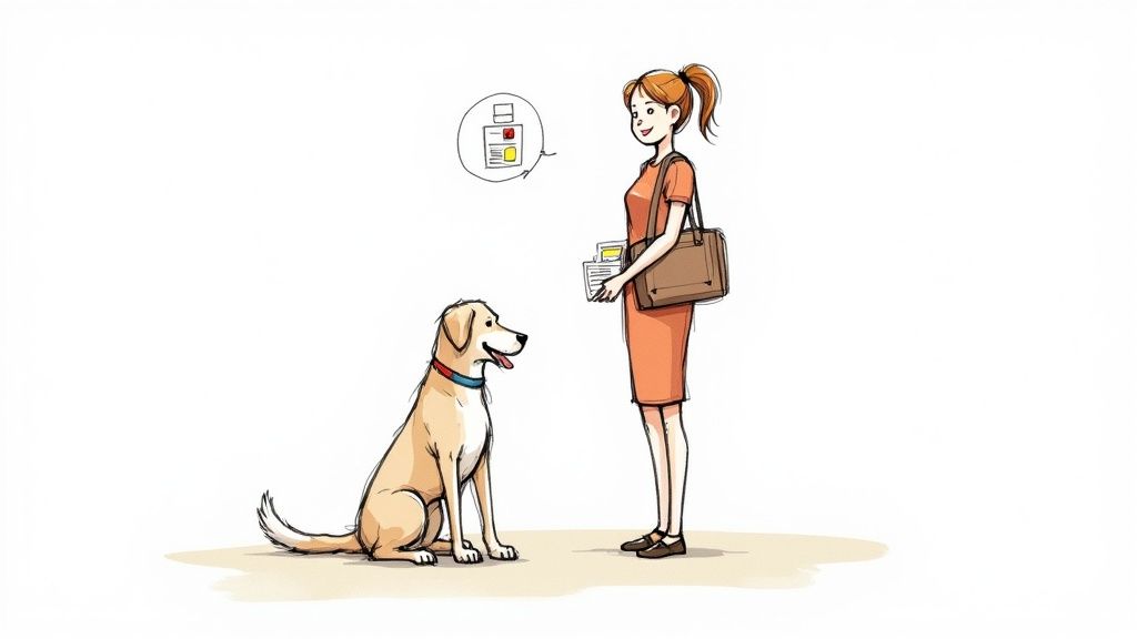 A happy dog with its owner, ready for travel to the USA.