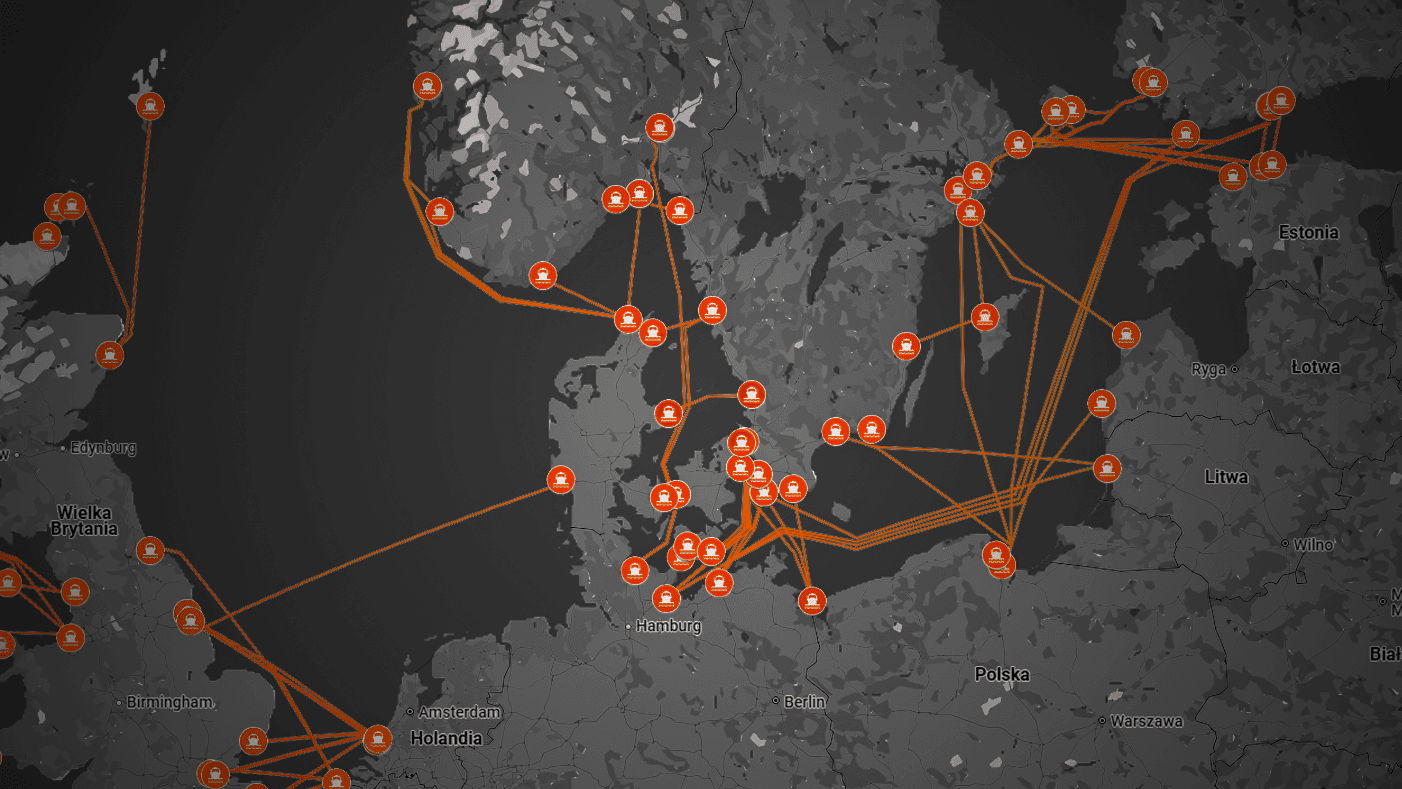 Mapa Europy z zaznaczonymi punktami i połączeniami transportowymi w formie pomarańczowej siatki tras, wskazująca sieć logistyczną.