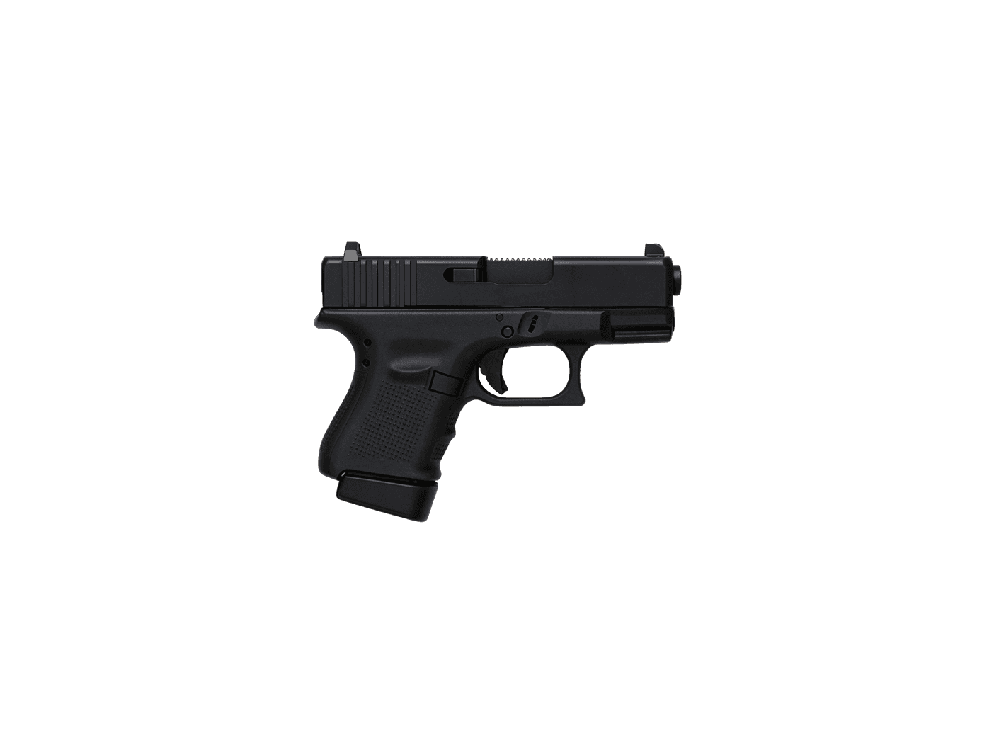 Black compact semi-automatic handgun, side view.