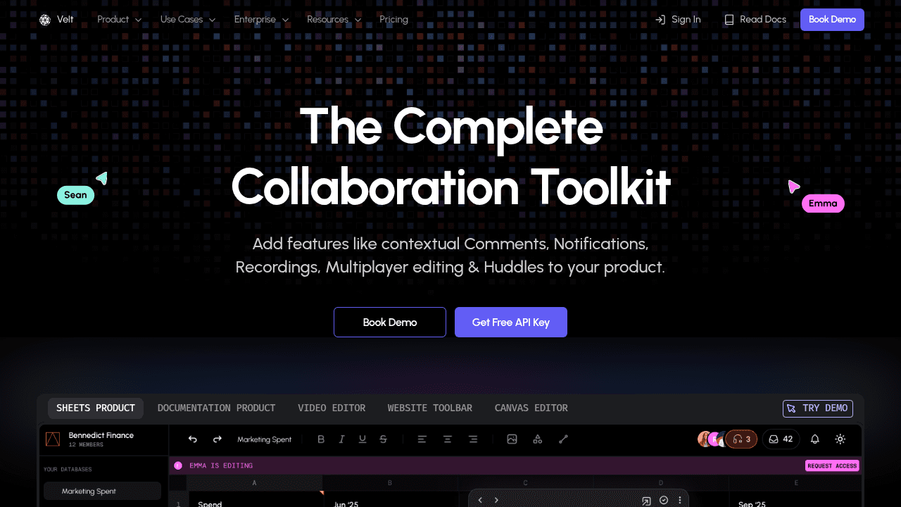 Velt collaboration platform homepage featuring real-time editing, commenting, and team collaboration tools for developers and content creators