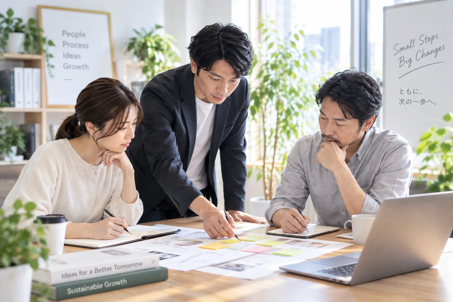 3名のスタッフが明るいオフィスで資料を囲み、業務について話し合う様子