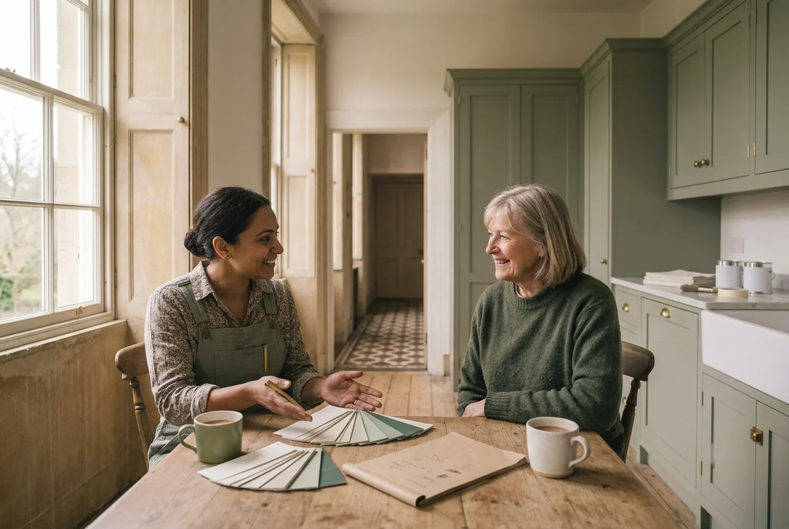 A decorator and a homeowner talking over colour cards at a kitchen table
