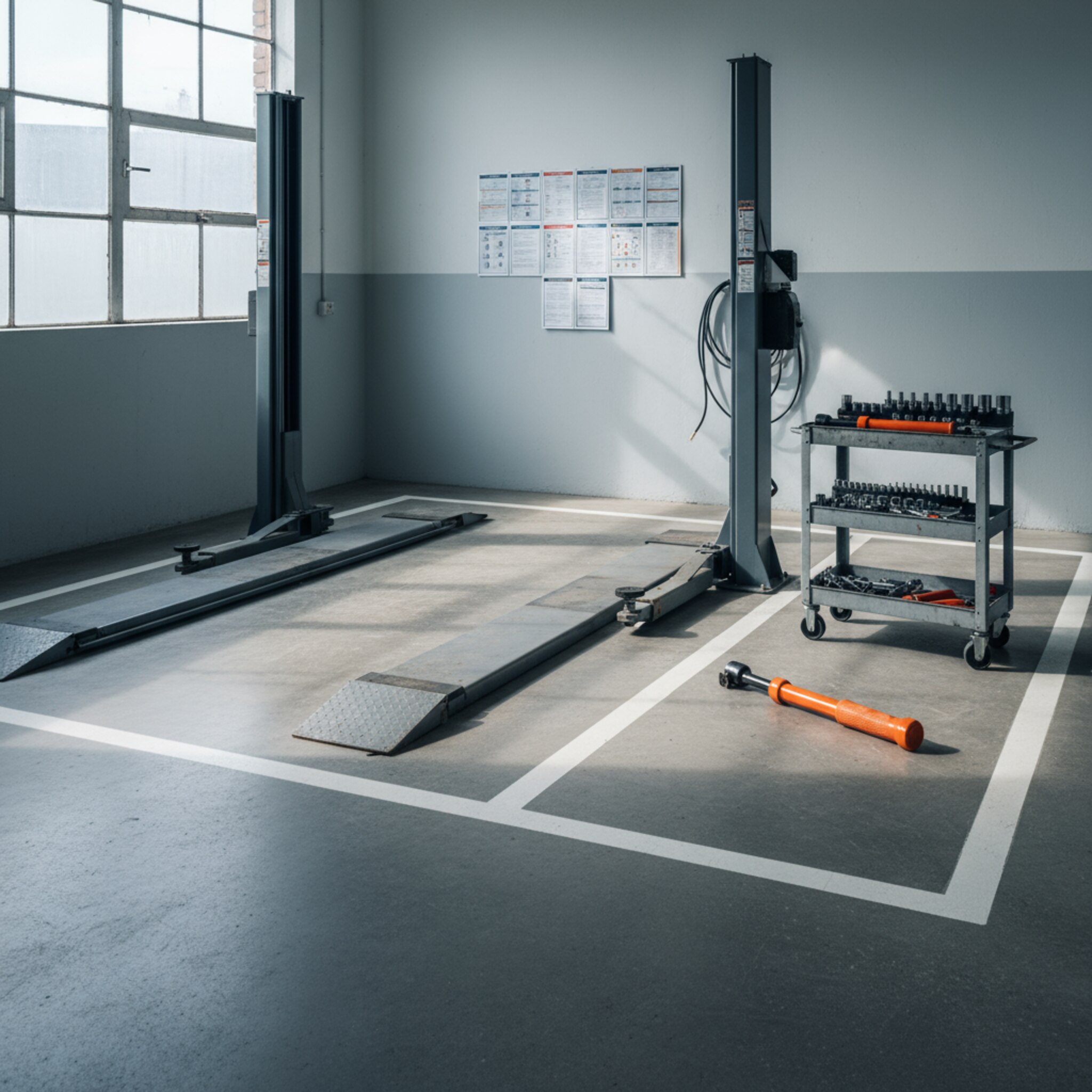 Ein freier Arbeitsplatz zeigt eine abgesenkte Hebebühne, klare Bodenmarkierungen führen zum Stellpunkt. Ein Wagen mit sortierten Stecknüssen und ein orangefarbener Drehmomentschlüssel stehen griffbereit. Kühles Vormittagslicht fällt durch hohe Fenster und betont die Ordnung. An der Wand hängen laminierte Sicherheitshinweise, der Raum wirkt vorbereitet und offen.