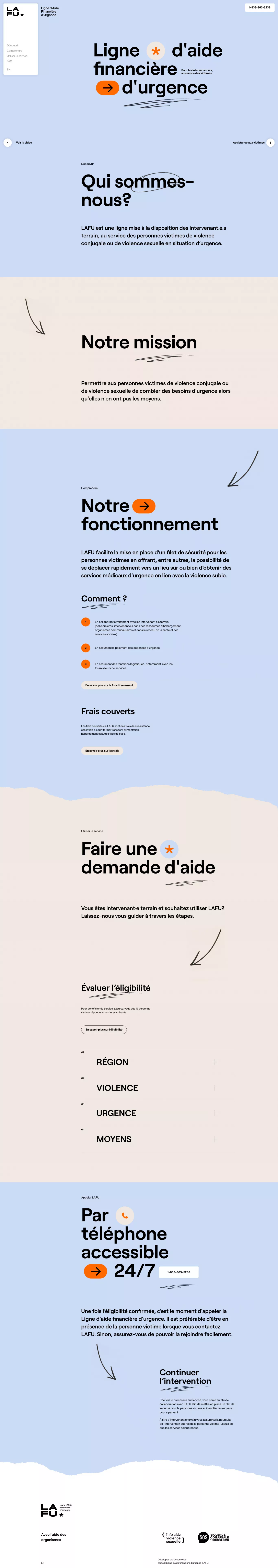 Ligne d'aide financière d'urgence landing page screenshot showcasing Charity and Finance design