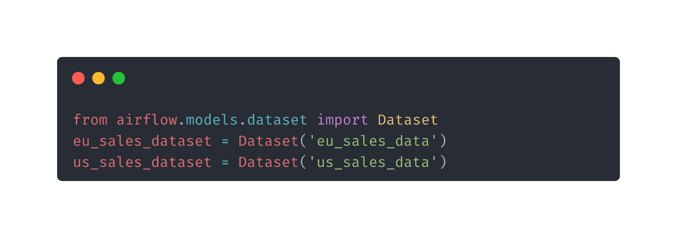Code snippet showing how to import and define datasets in Airflow. It creates two datasets, eu_sales_dataset for European sales data and us_sales_dataset for US sales data, using the Airflow Dataset class.