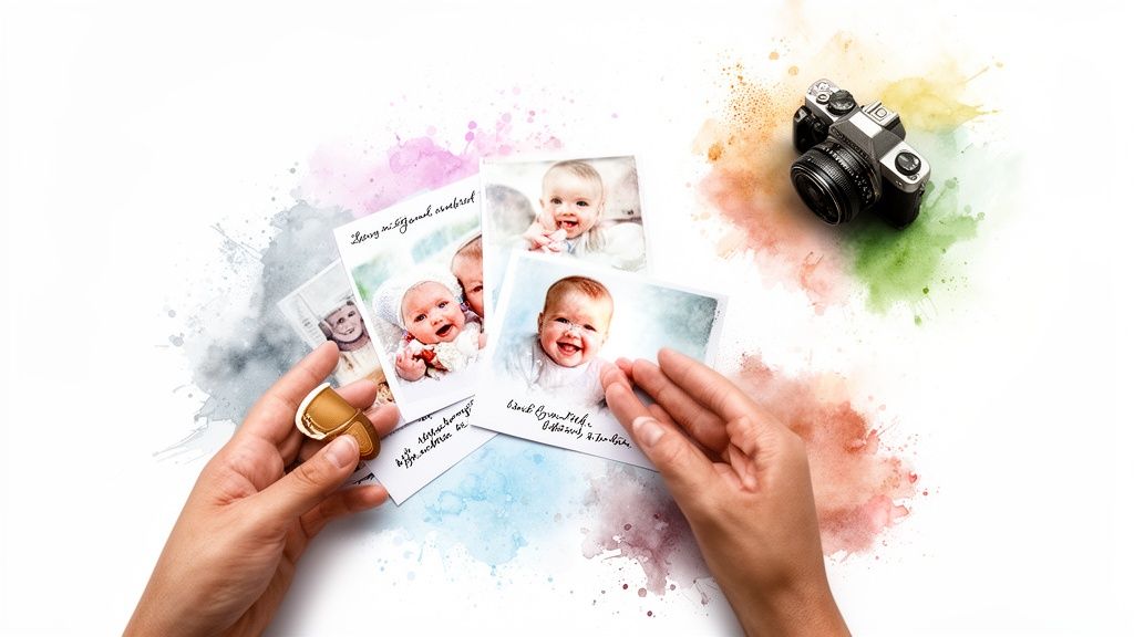 Hands holding printed photos of happy babies, with a vintage camera and colorful watercolor splashes.