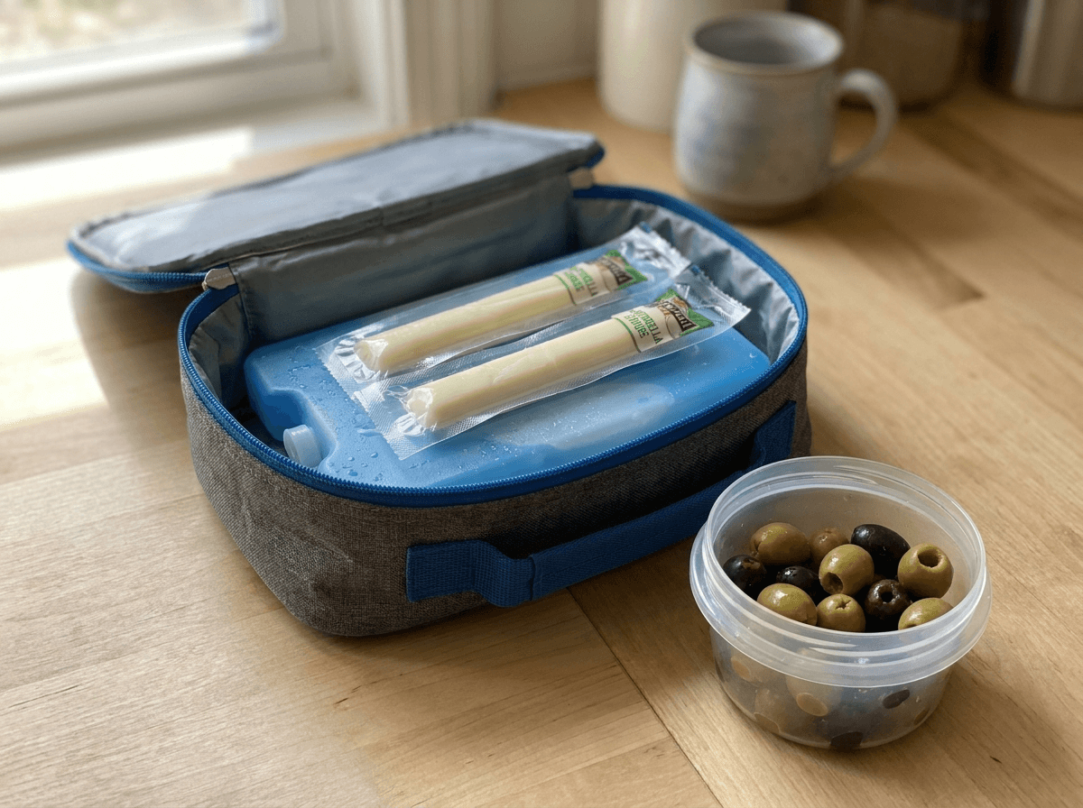 String cheese and olives packed as portable keto friendly snacks