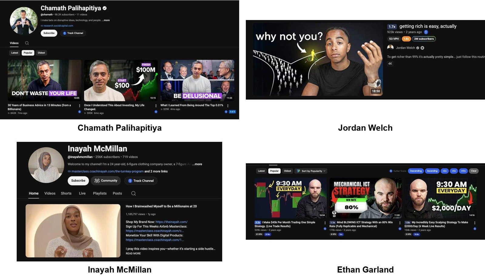 Channels of Chamath Palihapitiya, Jordan Welch, Inayah McMillan and Ethan Garland