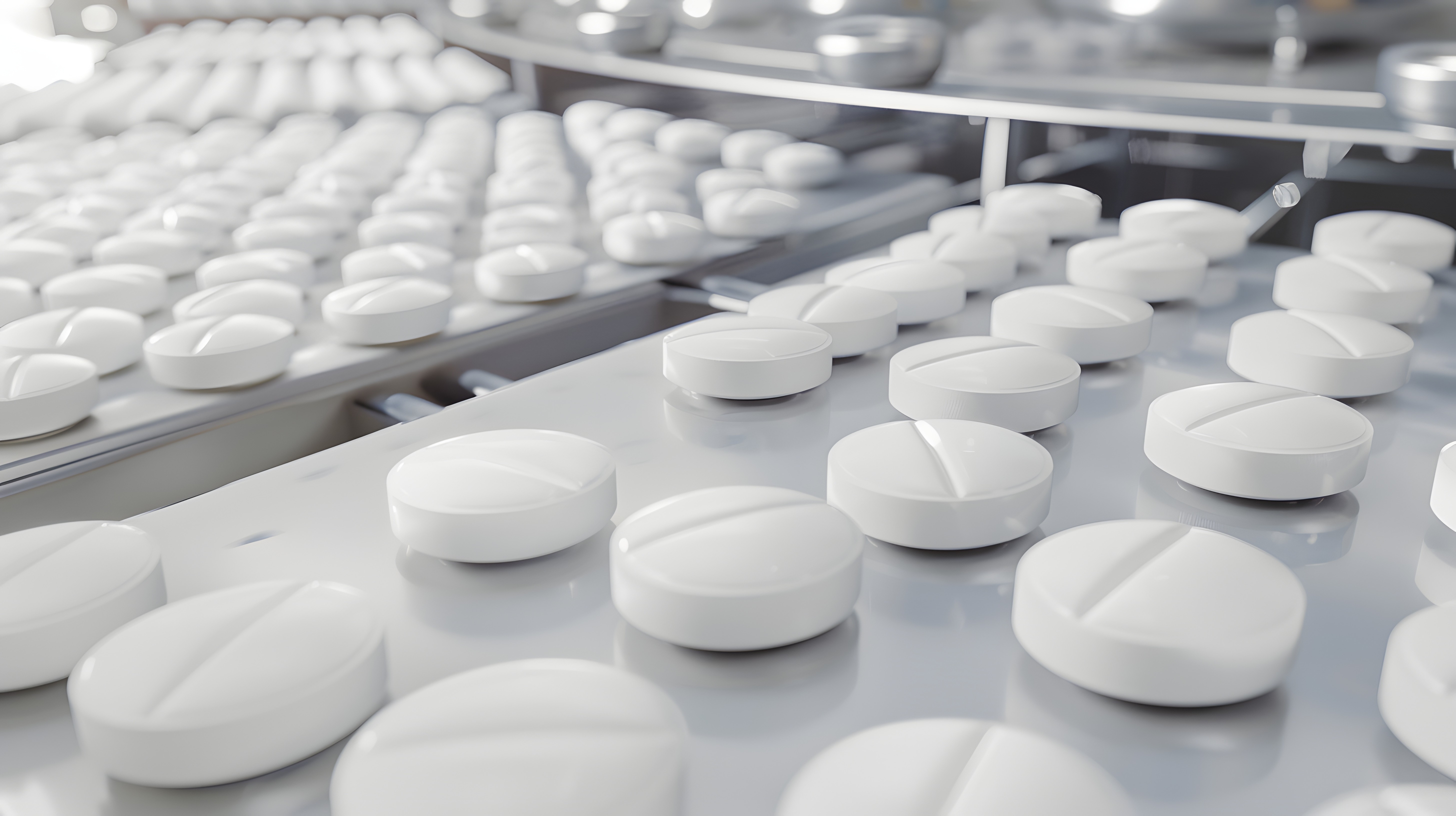 A production line of white circular pills.