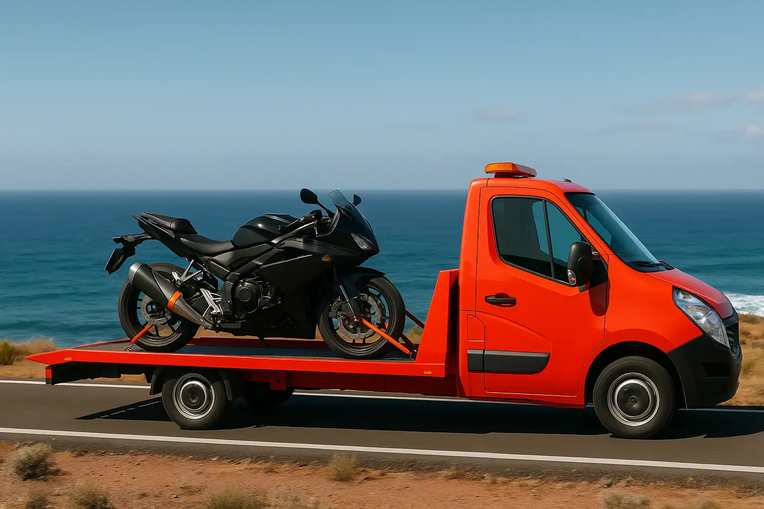 Motocicleta asegurada con cinchas especiales en una grúa de plataforma, el servicio de asistencia adecuado de Allianz para motos.
