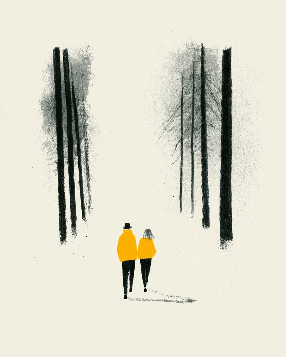 Illustration: Paar im Wald, Spaziergang, gelbe Jacken, Bäume, minimalistisch, Kunst