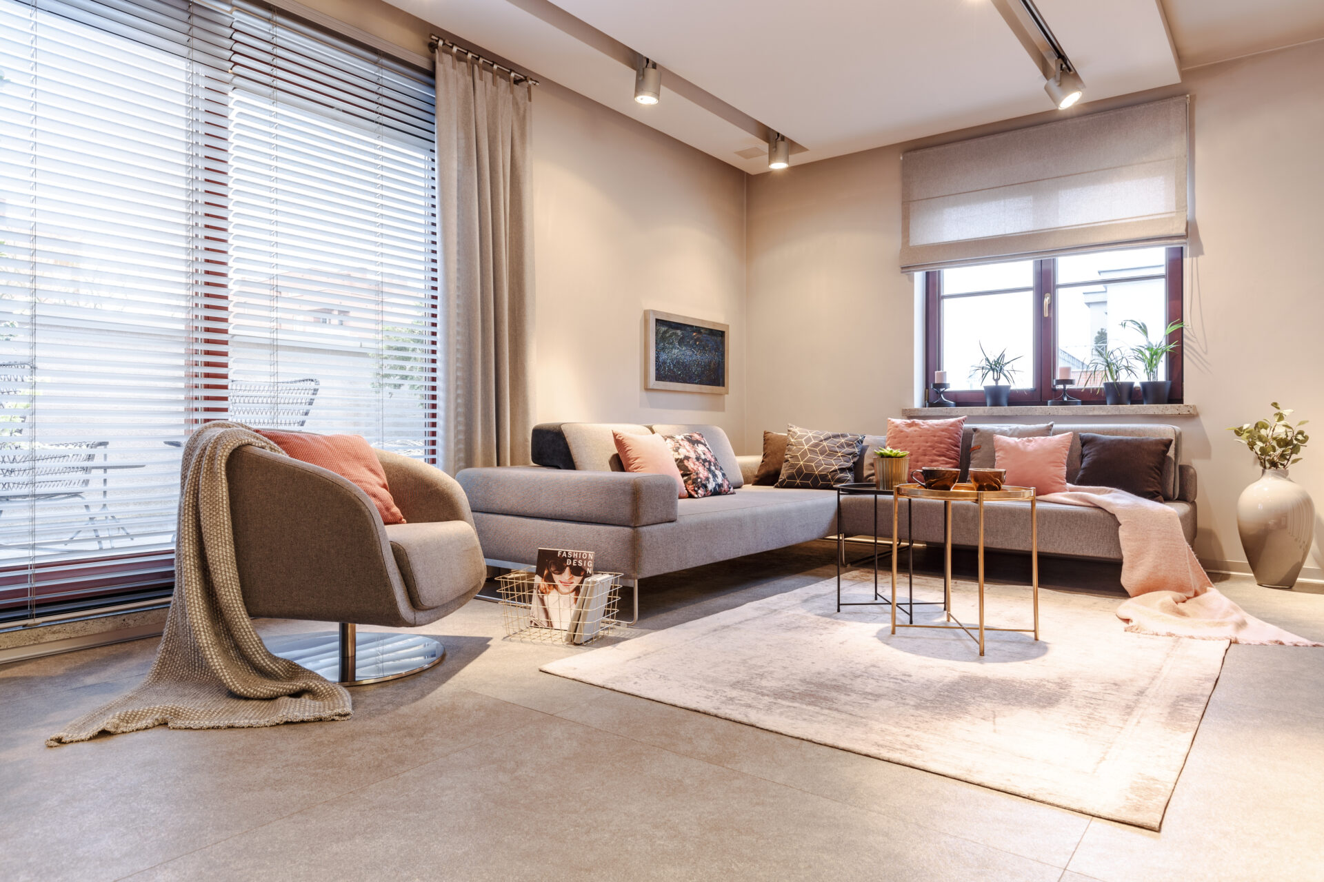 Spacious grey apartment  with modern interior design with window blind treatment. Wholesale Blind Factory.