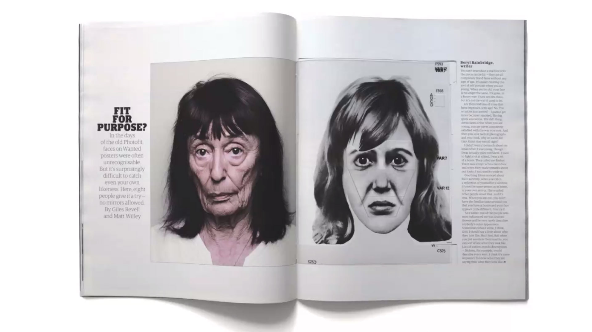 photo of woman with dark hair and a police sketch magazine spread