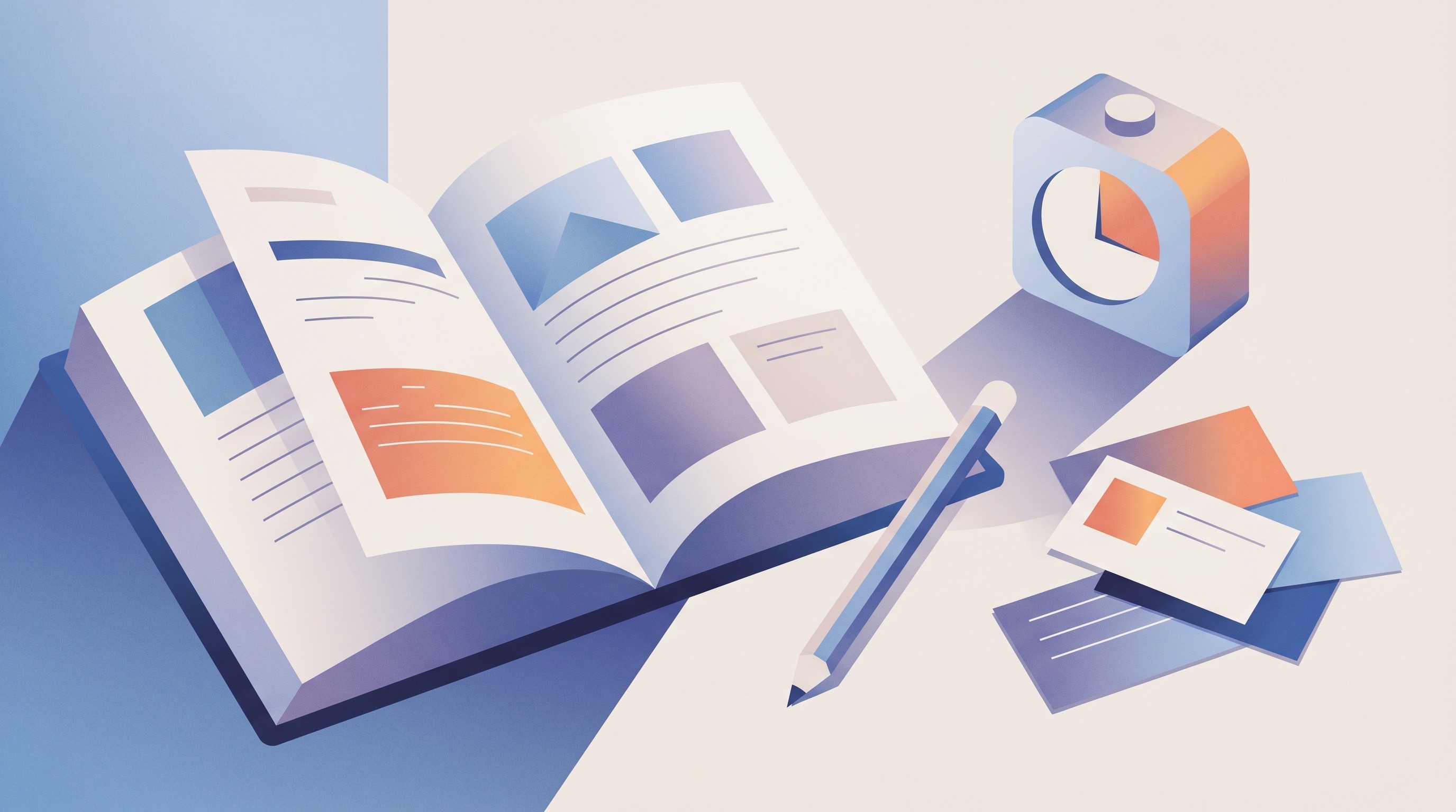 Exam review book with timer and scattered flashcards