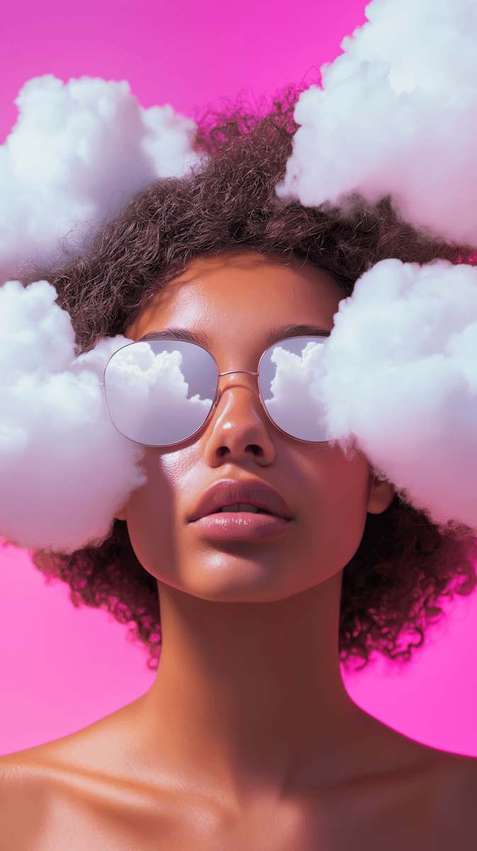 Creative portrait of woman wearing cloud-shaped sunglasses, illustrating AI-driven automation and innovation
