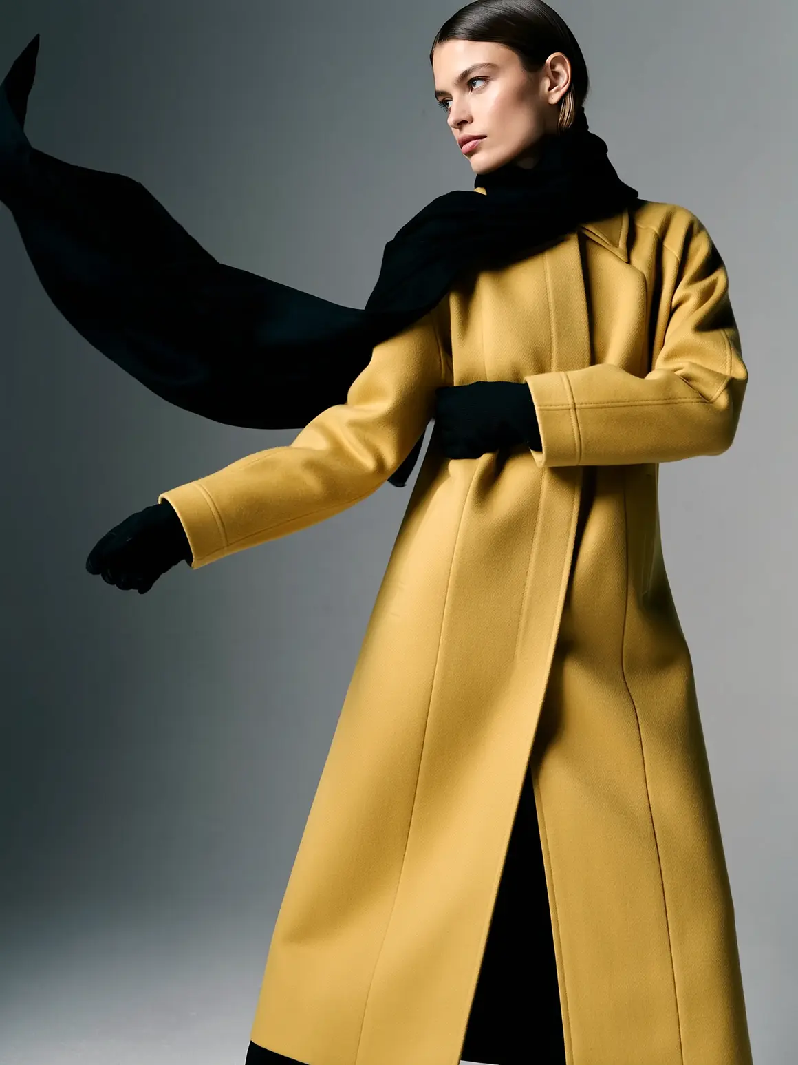 A model wearing a sleek, mustard yellow coat with a black scarf gracefully flowing, embodying high-end visuals in a sophisticated fashion brand photo shoot for an AI production project.