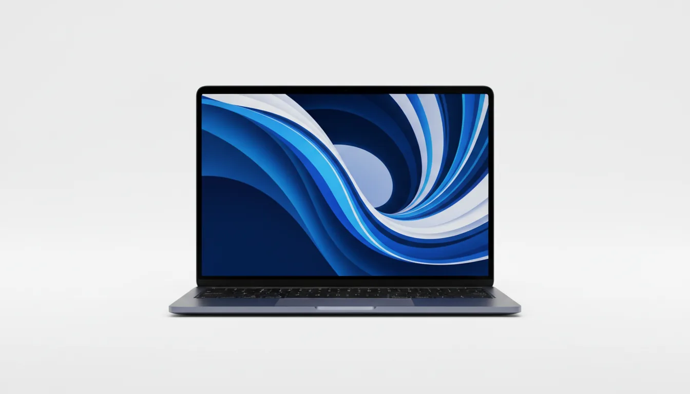 DSLR product photography of a modern, ultra-thin MacBook Air with a midnight blue aluminum chassis, shot straight-on against a pure white background. The laptop is open, perfectly centered, with the screen displaying a vibrant abstract wallpaper of flowing, ribbon-like shapes in deep blue, electric blue, and white. The image has soft studio lighting, sharp focus, and highlights the device's thin bezels and central camera notch.