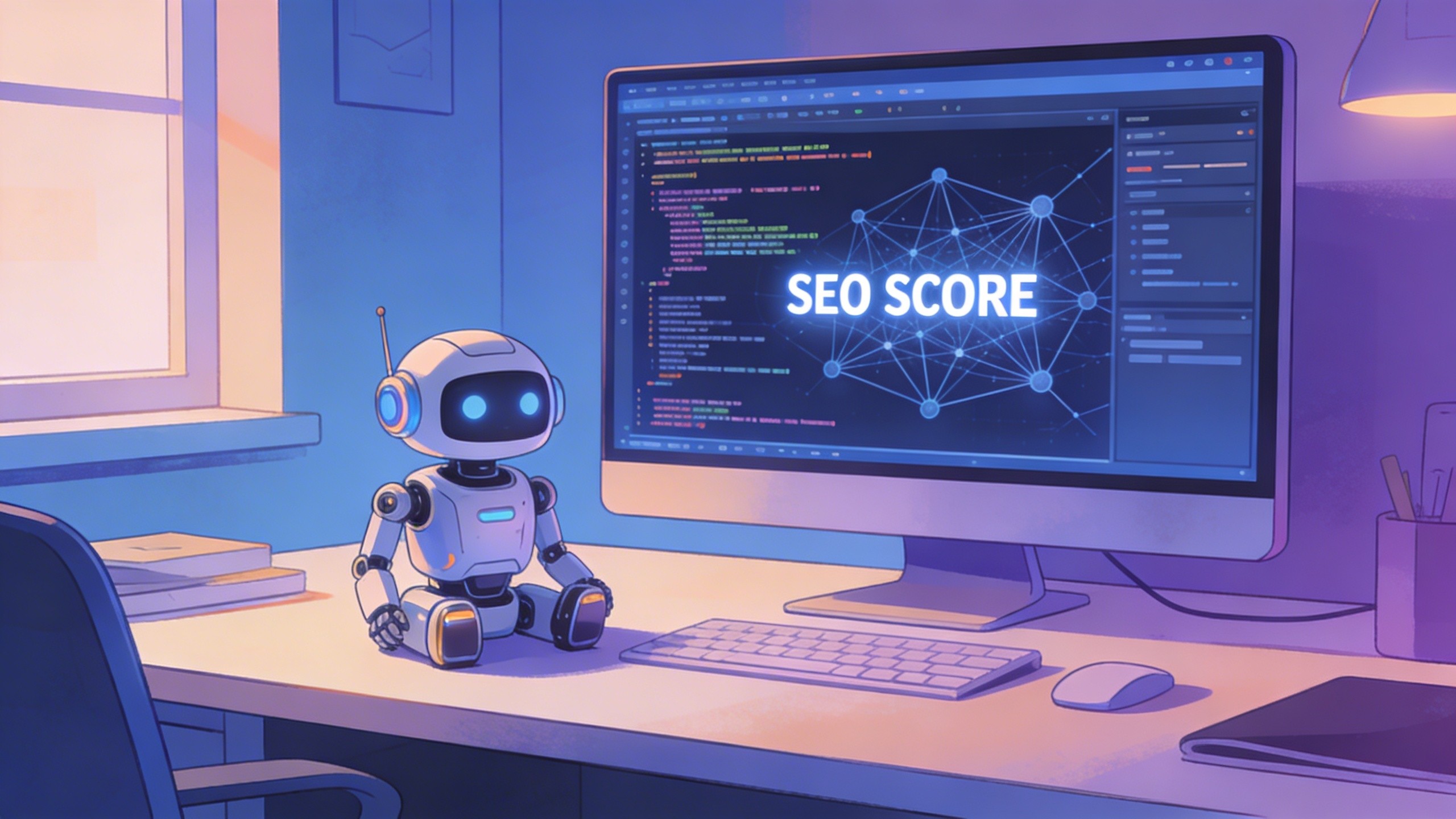 a robot and a computer with screen text SEO SCORE
