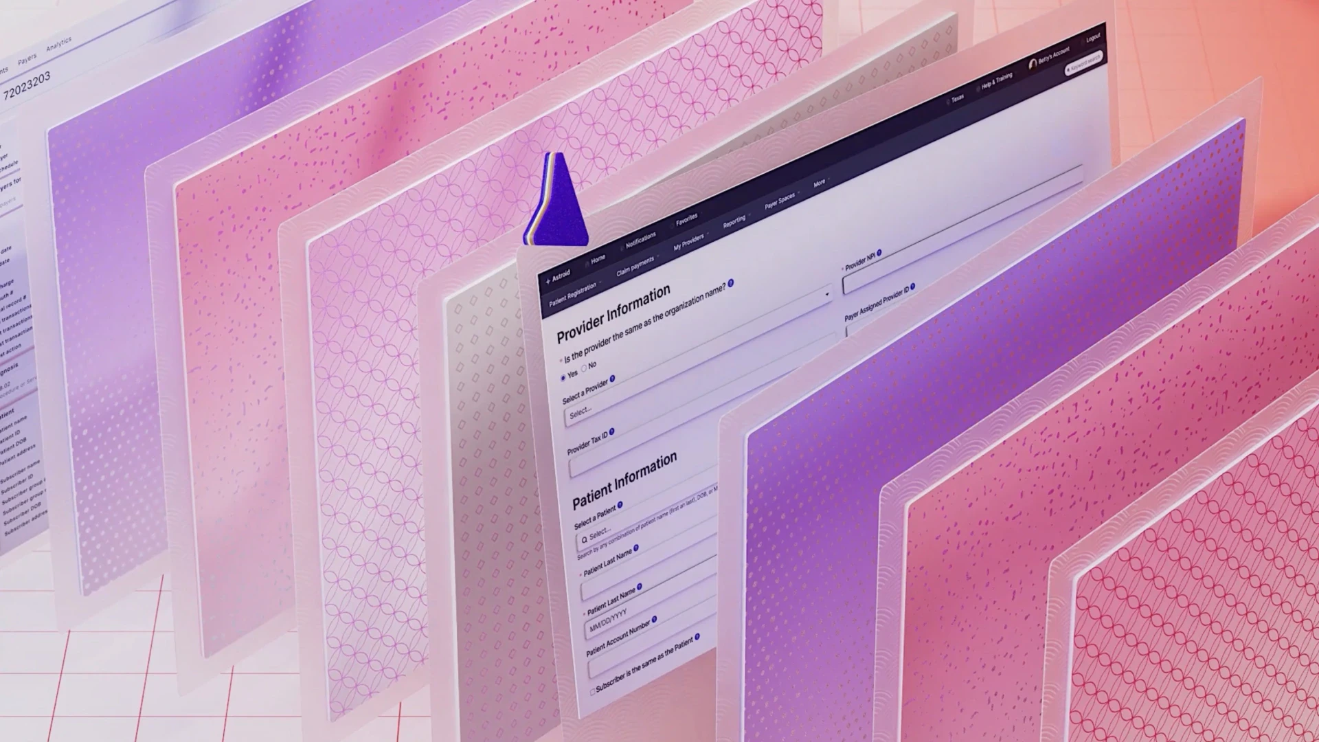 Stylized 3D animation of multiple UI panels with a cursor, symbolizing navigation through a healthcare SaaS platform in a product video.
