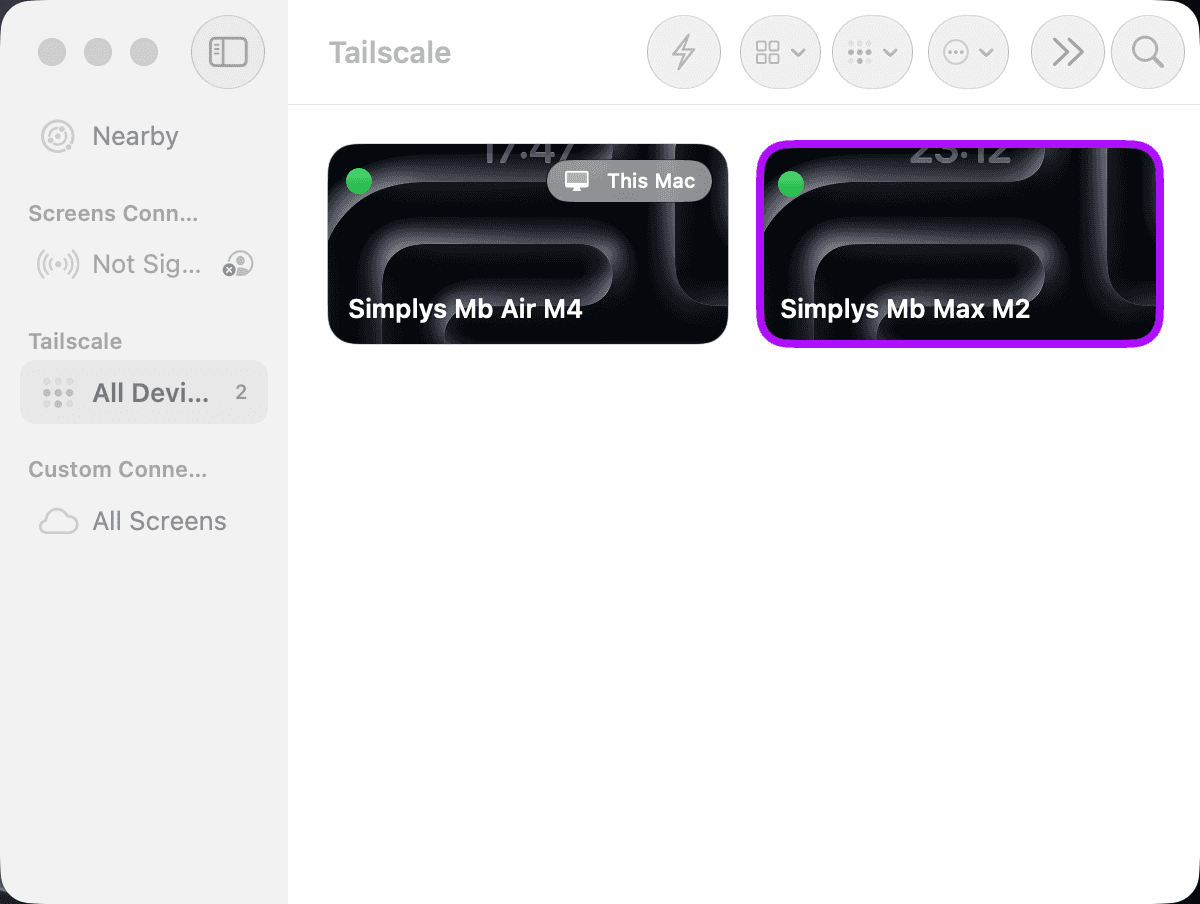 Screens 5 mit den beiden Simply-Dom-Macs, die über Tailscale aus der Ferne verfügbar sind.