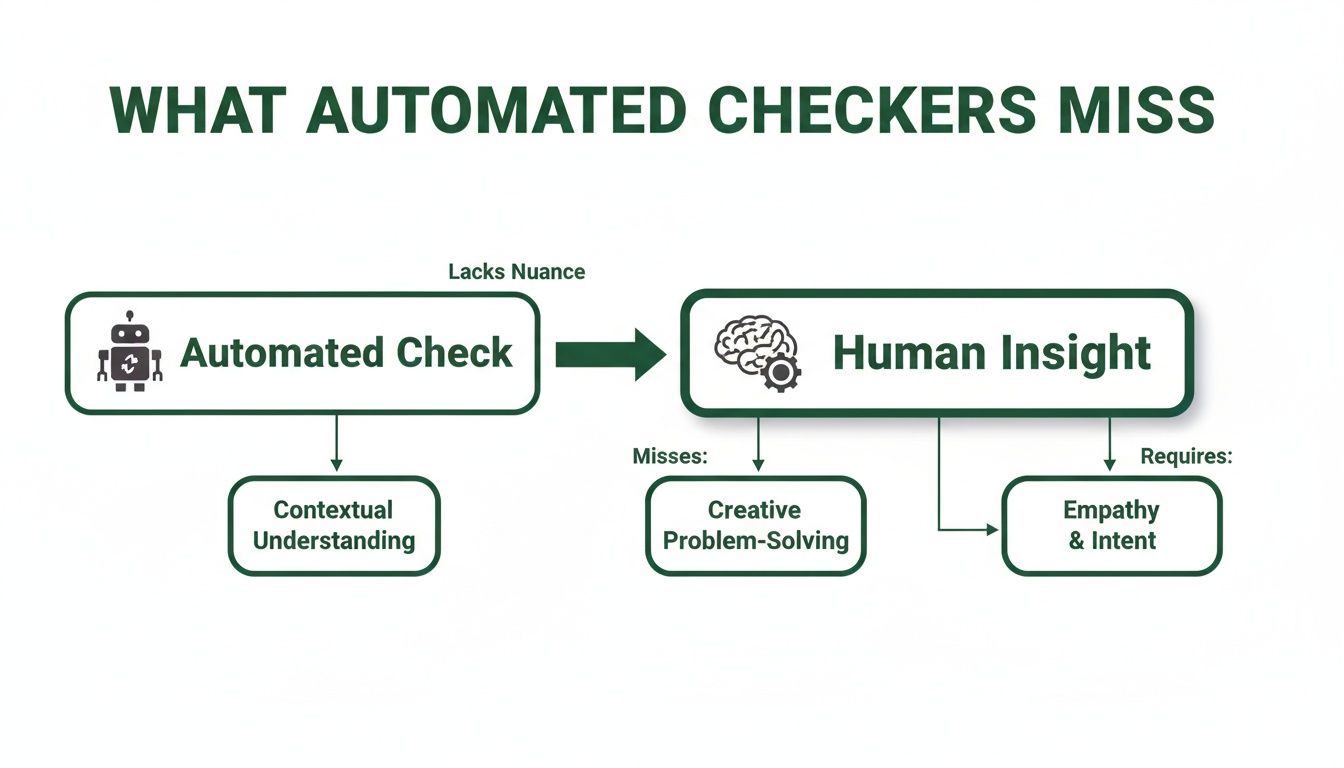 Flowchart explaining what automated checkers miss, showing human insight's advantages.