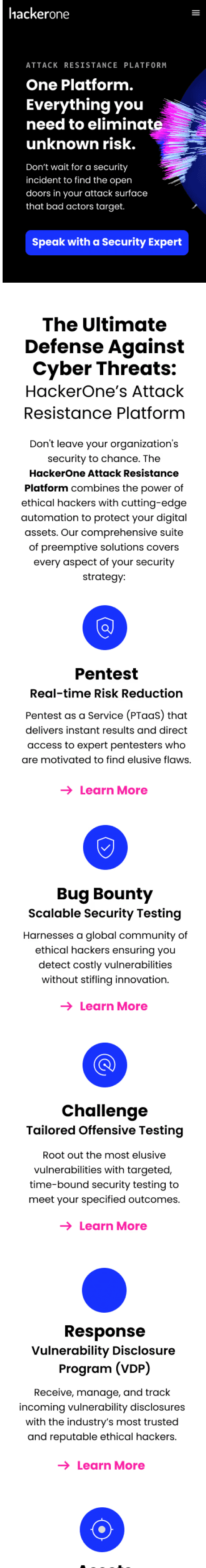 mobile view of hackerone's product page before redesign