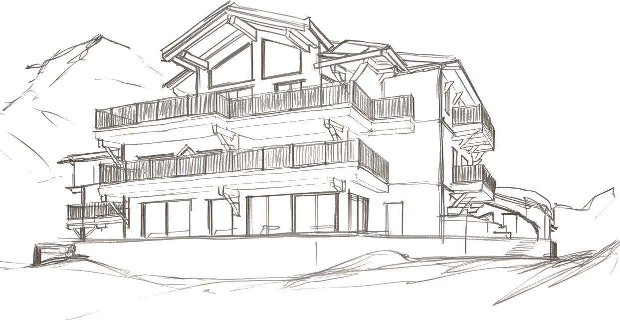 Architectural cross-section line drawing of a mountain property