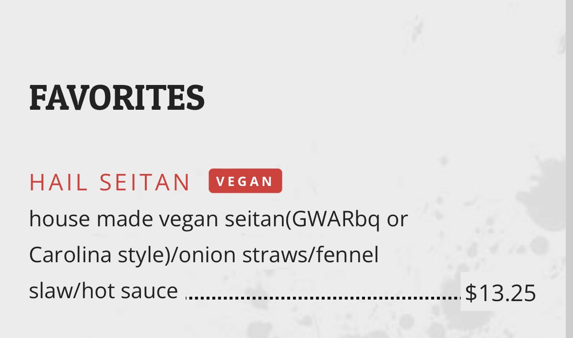 A cropped menu lists Hail Seitan as a vegan favorite.