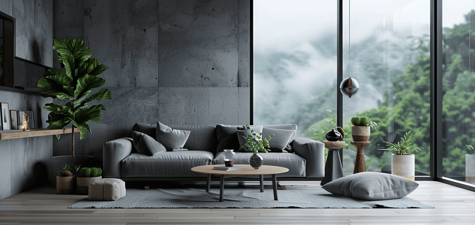 A serene bedroom with purple tones, a minimalist bed, wooden nightstands, and soft natural lighting.