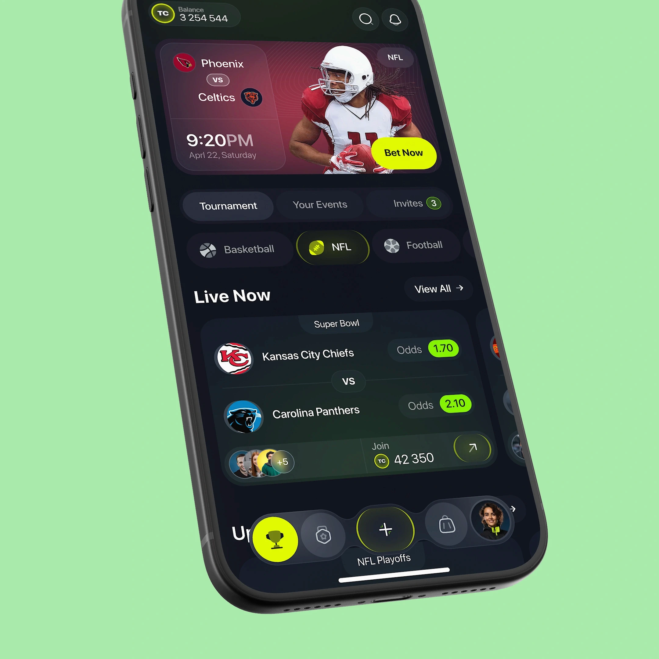 Close-up of a mobile app UI for sports betting with live odds, NFL match cards, and a sleek dark mode design