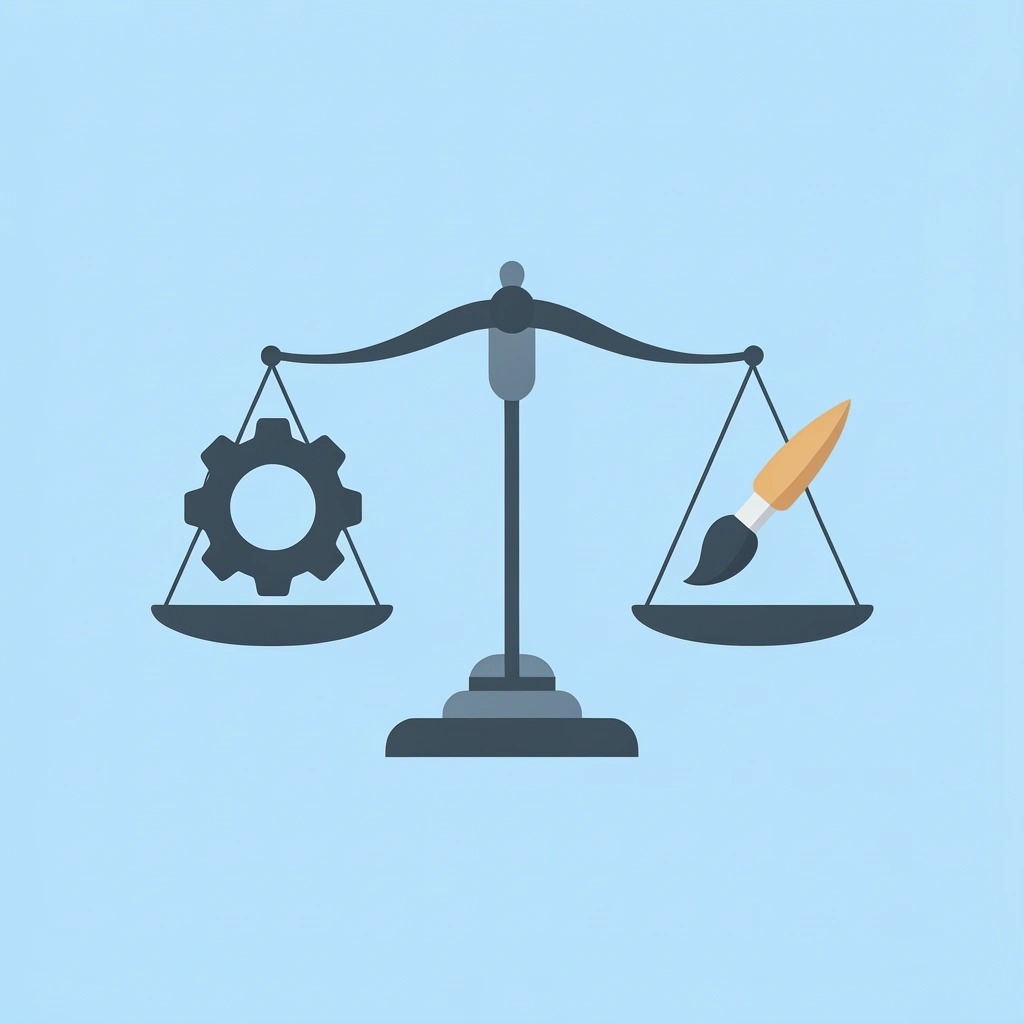 Balance scale comparing appearance-focused templates on one side versus workflow-efficient templates on the other