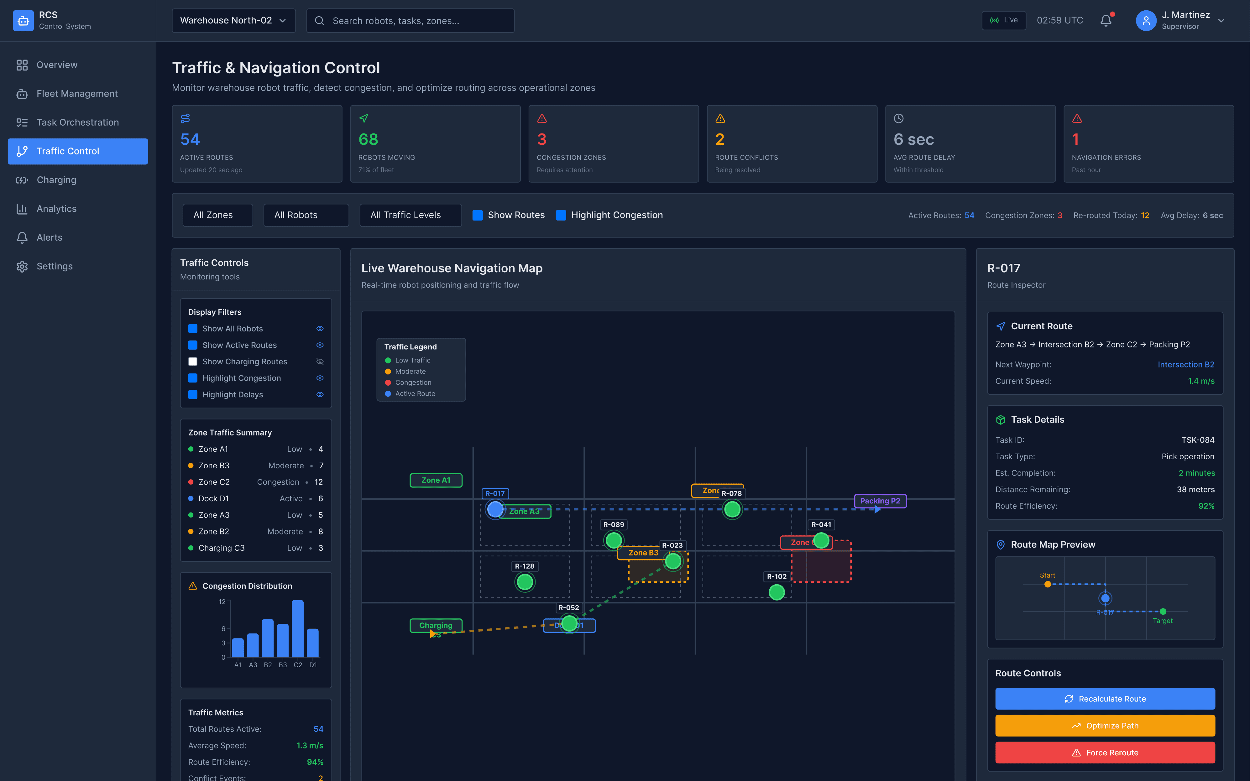 Warehouse robot traffic control system displaying real-time navigation map, congestion zones, route conflicts, and autonomous robot path optimization.