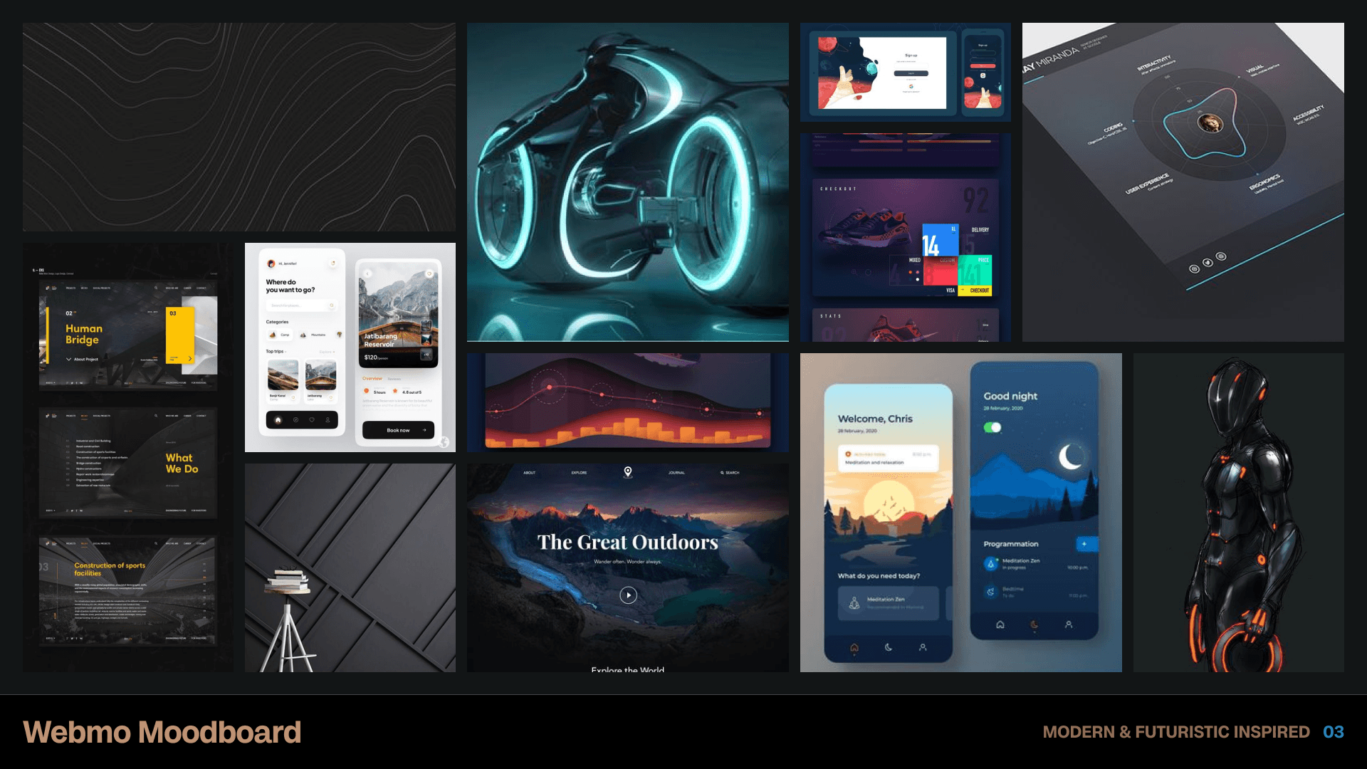 A web design mood board for the "Modern & Futuristic Outdoors" mobile app, showcasing sleek UI designs and dynamic layout ideas with elements like motorcycle illustrations, high-tech icons, vibrant color palettes, digital interface screens, all on an elegant black background. The mood board is presented on a large canvas, allowing designers to showcase 20 different web page images, each displaying unique user interface typography and text displays.