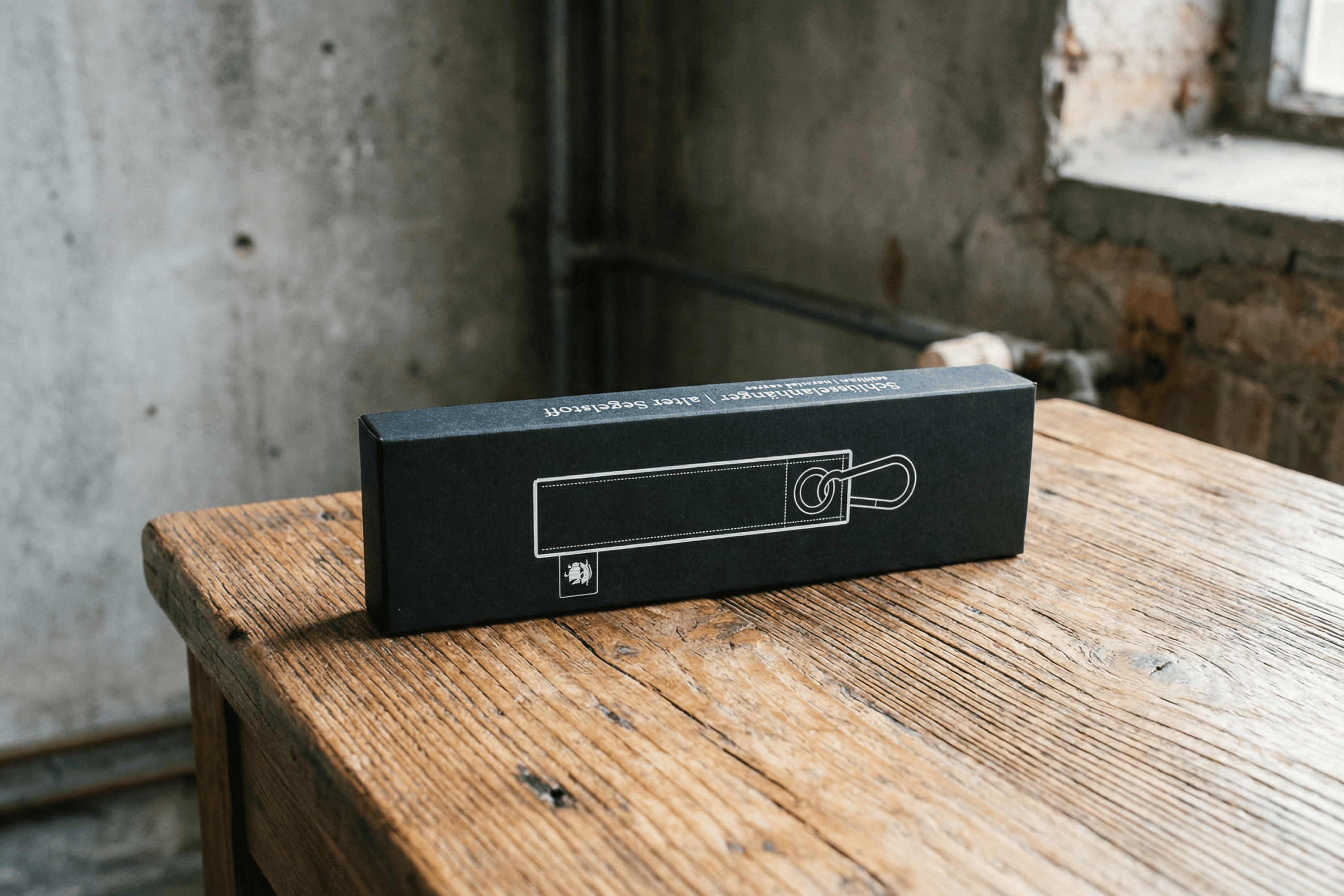 Black box with illustrated keychain on wooden table