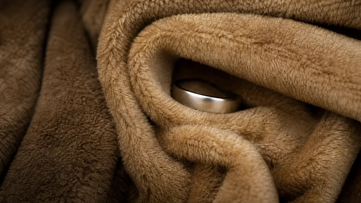A silver Zikr Ring lies half-hidden in the soft folds of a warm towel