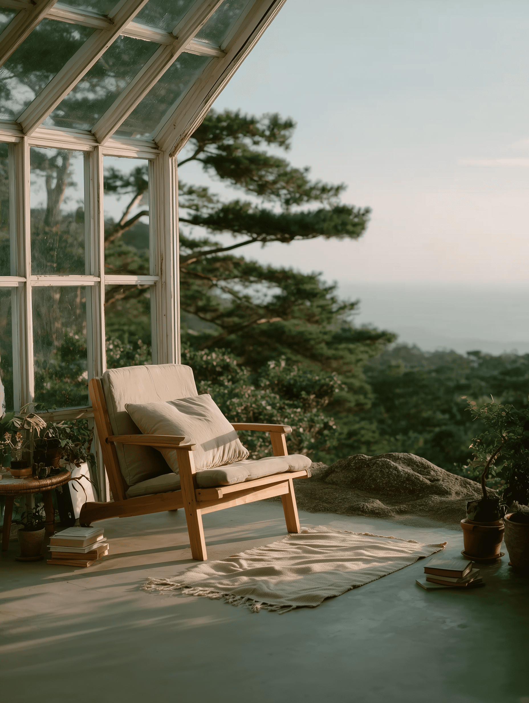 A sunlit comfy chair in a hut located high in the mountain
