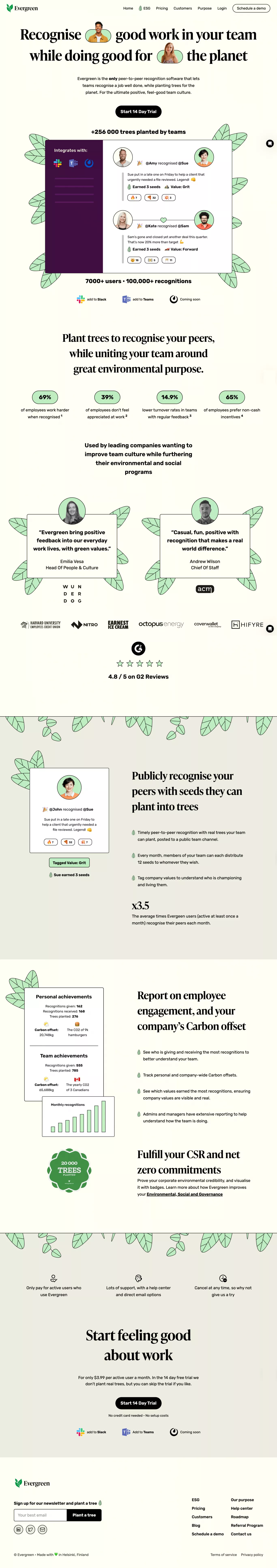 Evergreen landing page screenshot showcasing HR and Tech design