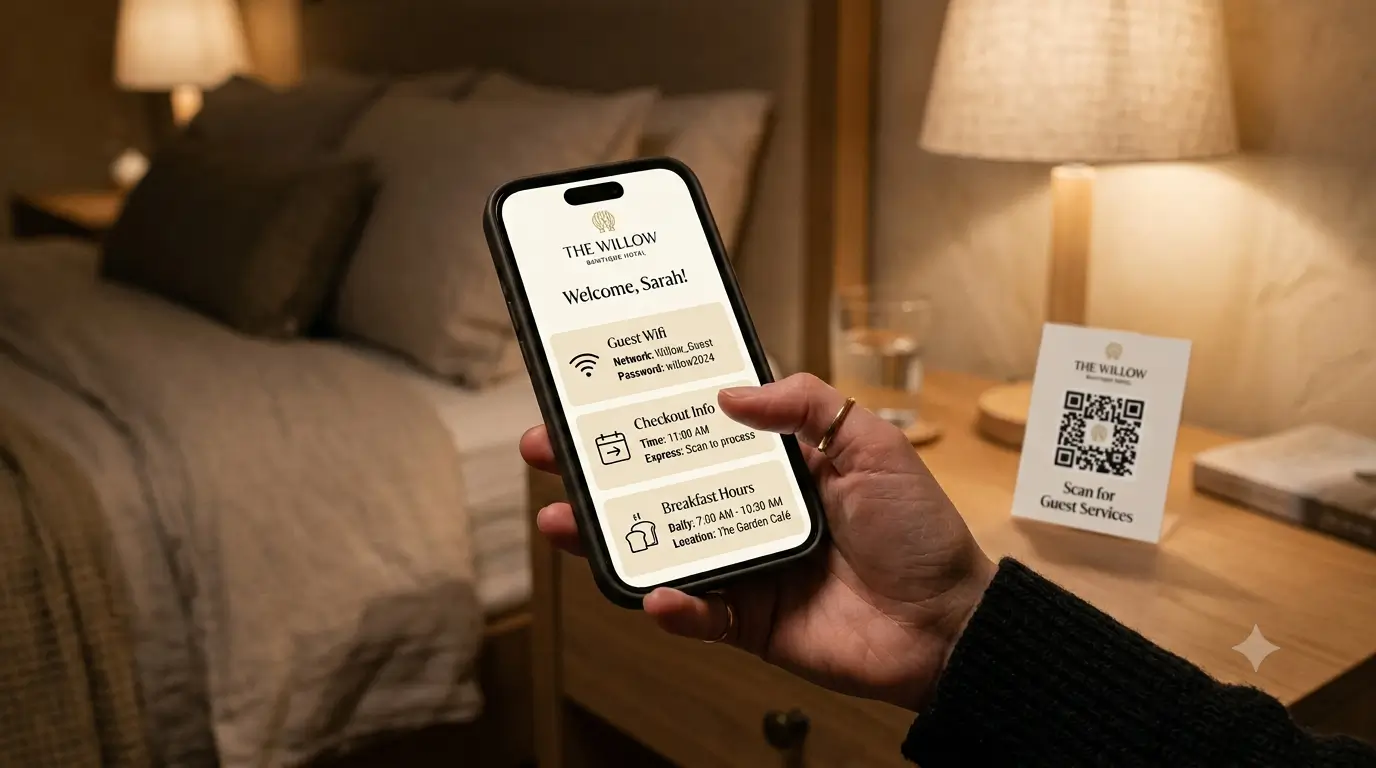 Un huésped que mira la guía digital en su teléfono junto a una tarjeta con código QR sobre la mesa de noche.