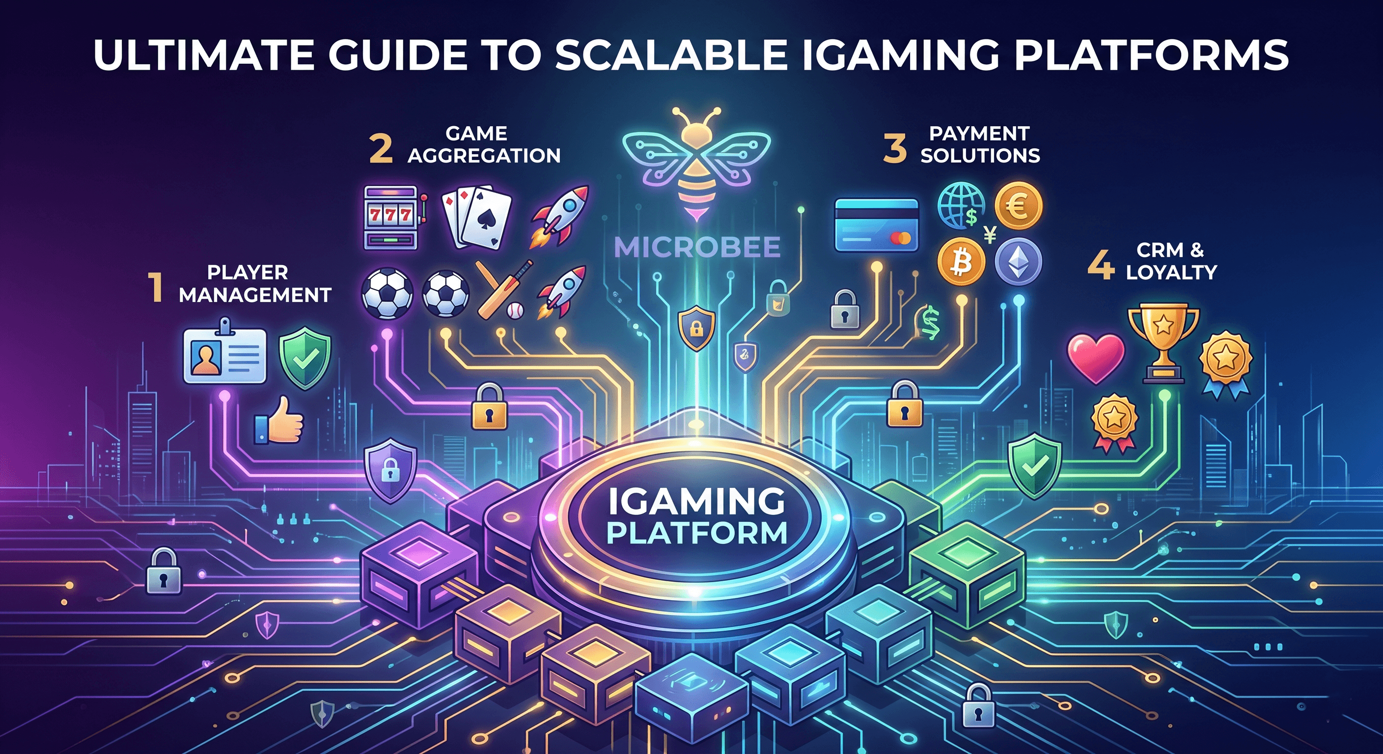 Modular machine with interlocking golden gears and glowing circuit pathways representing the core components of a scalable iGaming platform