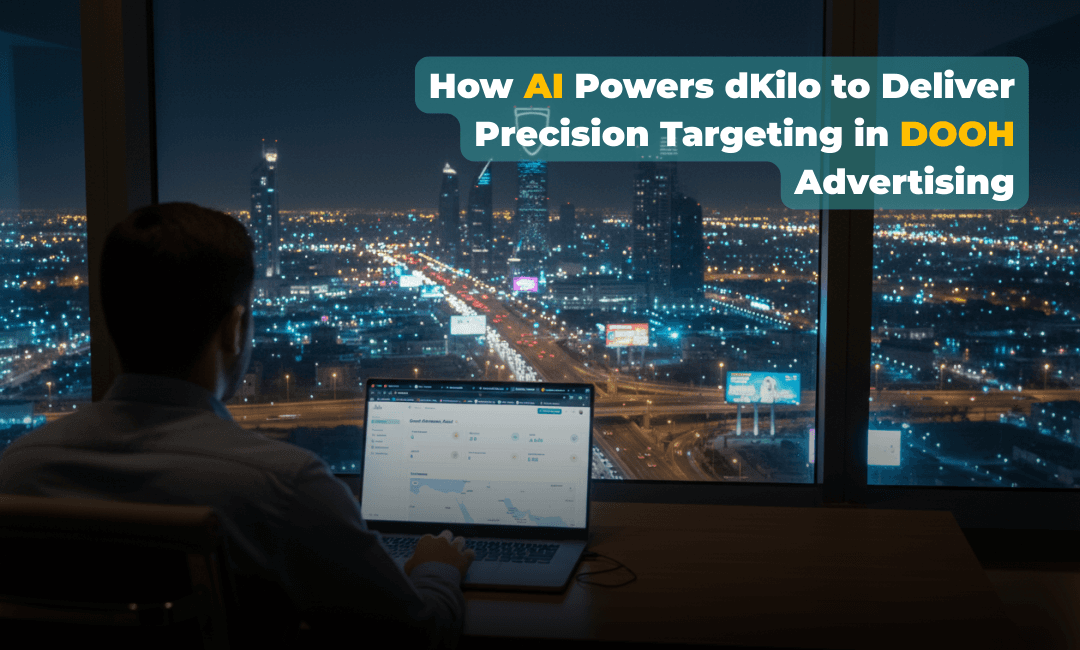 Person using dKilo’s DOOH dashboard on a laptop while overlooking a city at night, illustrating AI-powered precision targeting in digital out-of-home advertising.