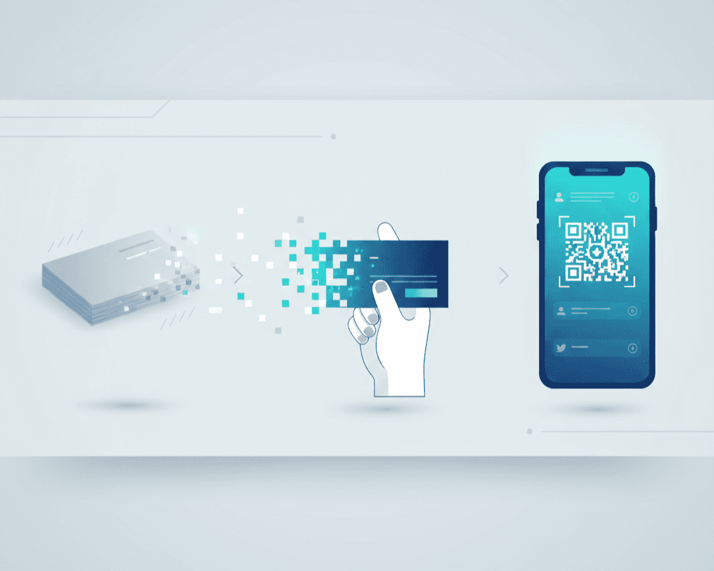 Habsy QR business card replacing traditional paper cards in a modern digital networking concept illustration