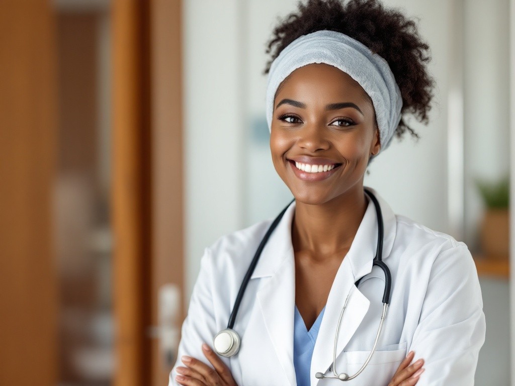 A smiling female doctor wearing a white coat and a stethoscope.