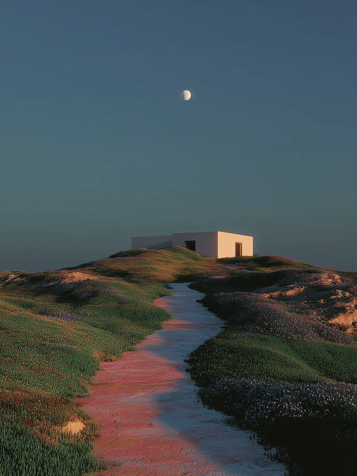 Minimal modern structure beside a winding path beneath the moonlight
