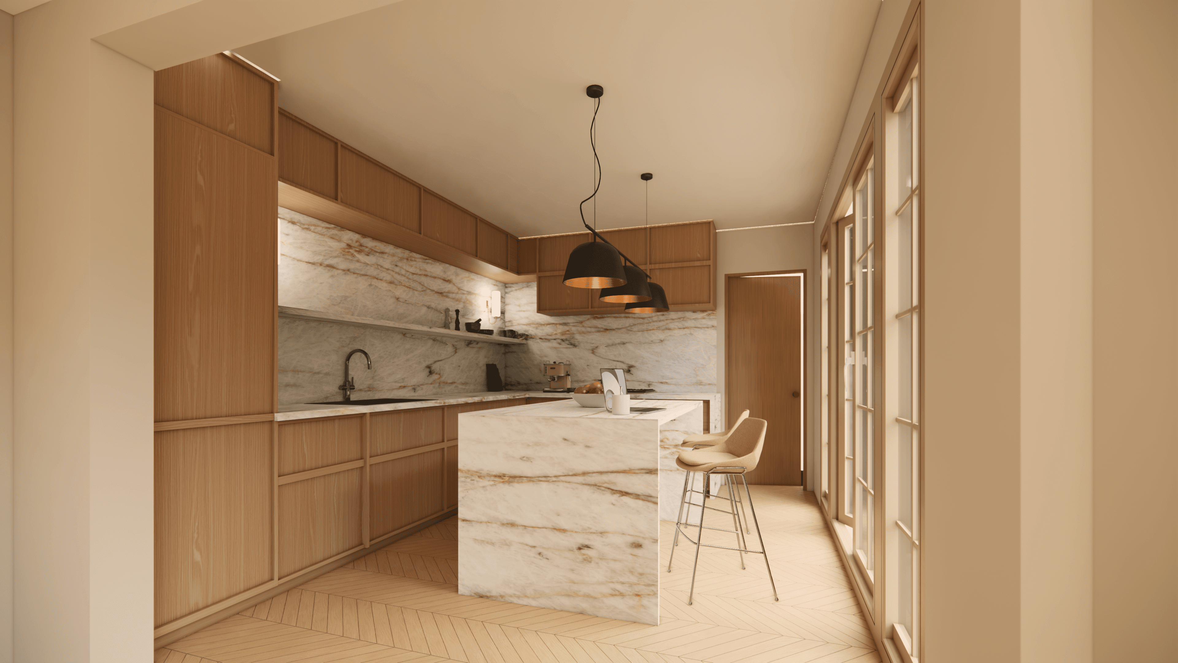 Bright modern kitchen with wood and stone features overlooking garden.