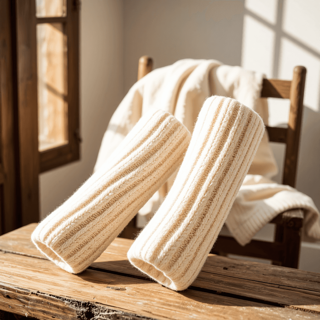 product photography of pair of knitted arm warmers