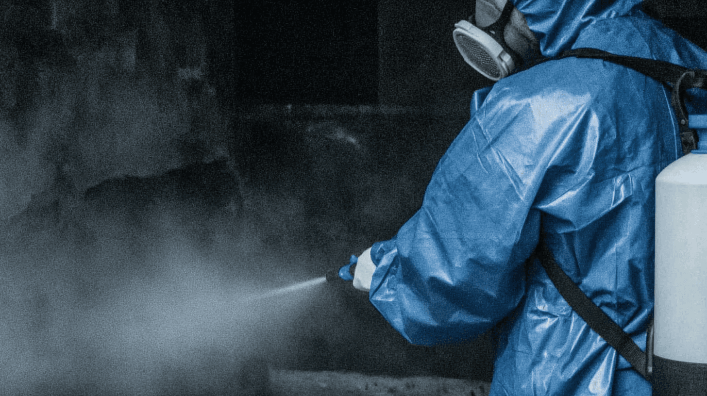 Technician in full protective gear performing insecticide spray treatment inside a facility