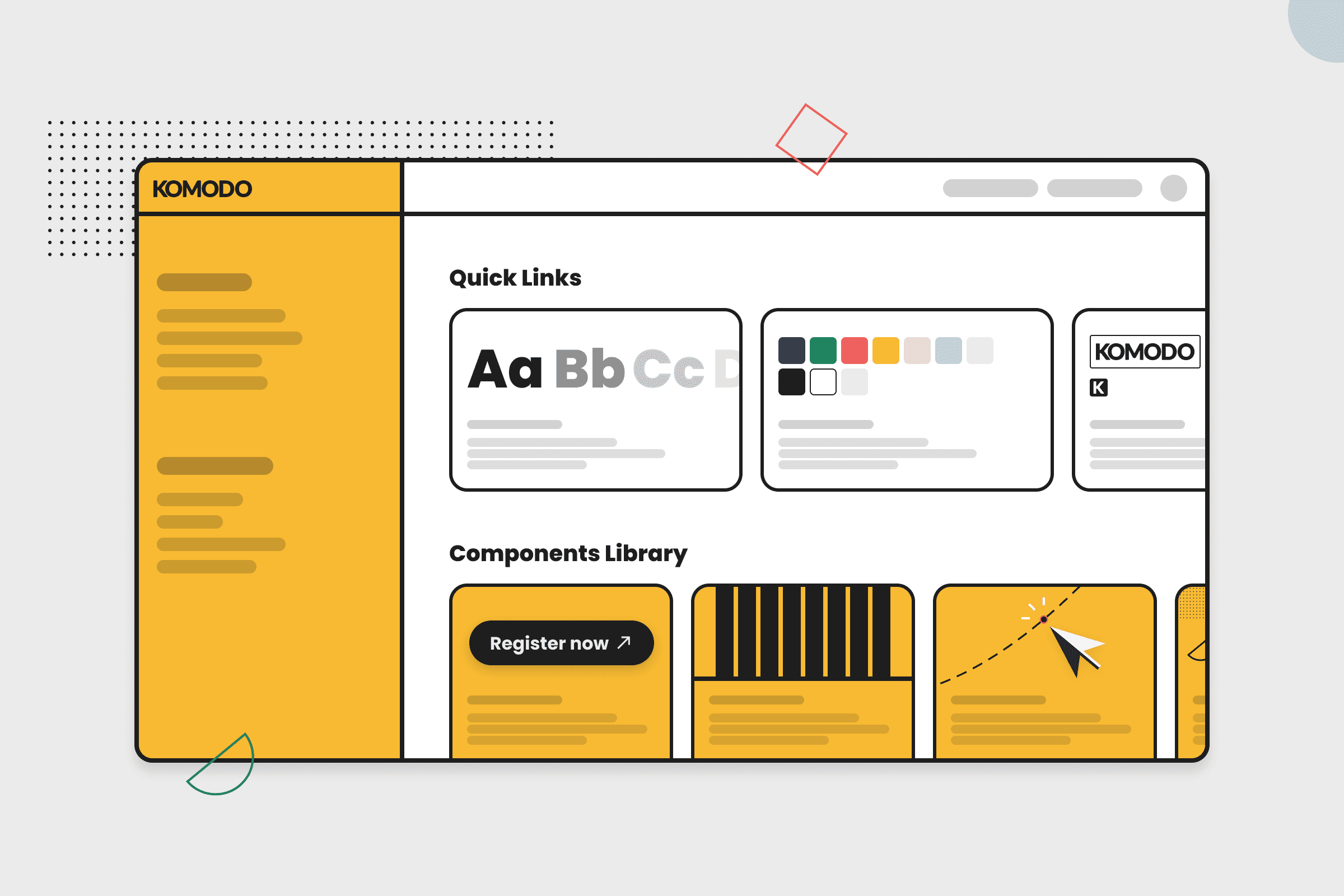An illustration of a design system website, featuring various parts of Komodo Digital's brand, such as typography, colour, logos, buttons, grid layouts.