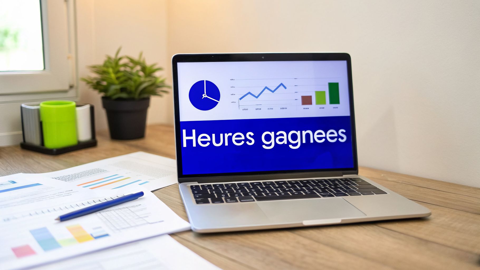 Un ordinateur portable sur un bureau en bois affiche des graphiques et le texte