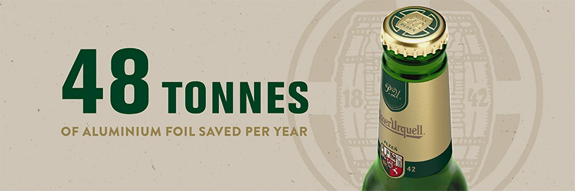 '48 tonnes of aluminium foil saved per year' copy next to bottle of Pilsner Urquell